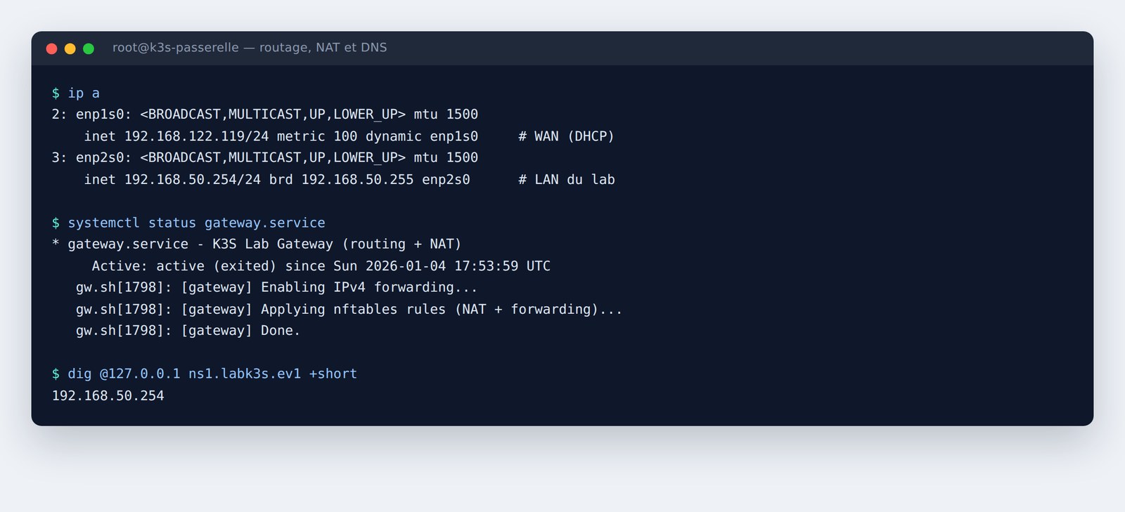 Configuration réseau et DNS de la passerelle du lab