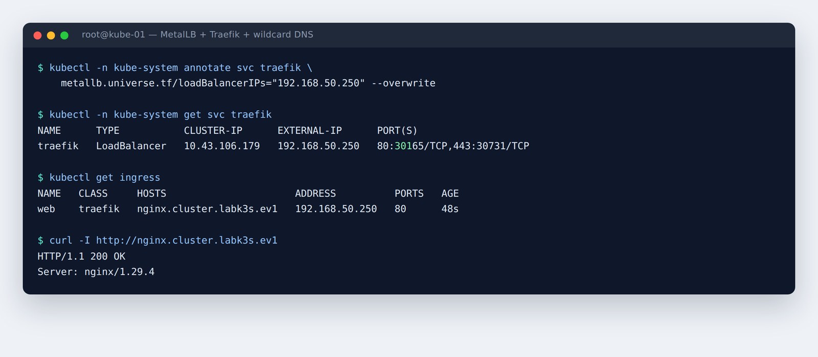 Traefik fixé sur l'adresse du cluster, et un Ingress répondant par son nom