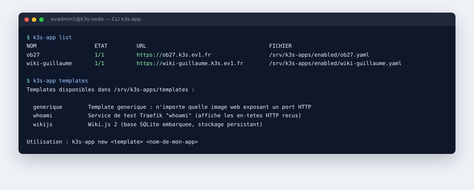 CLI k3s-app listant les applications déployées