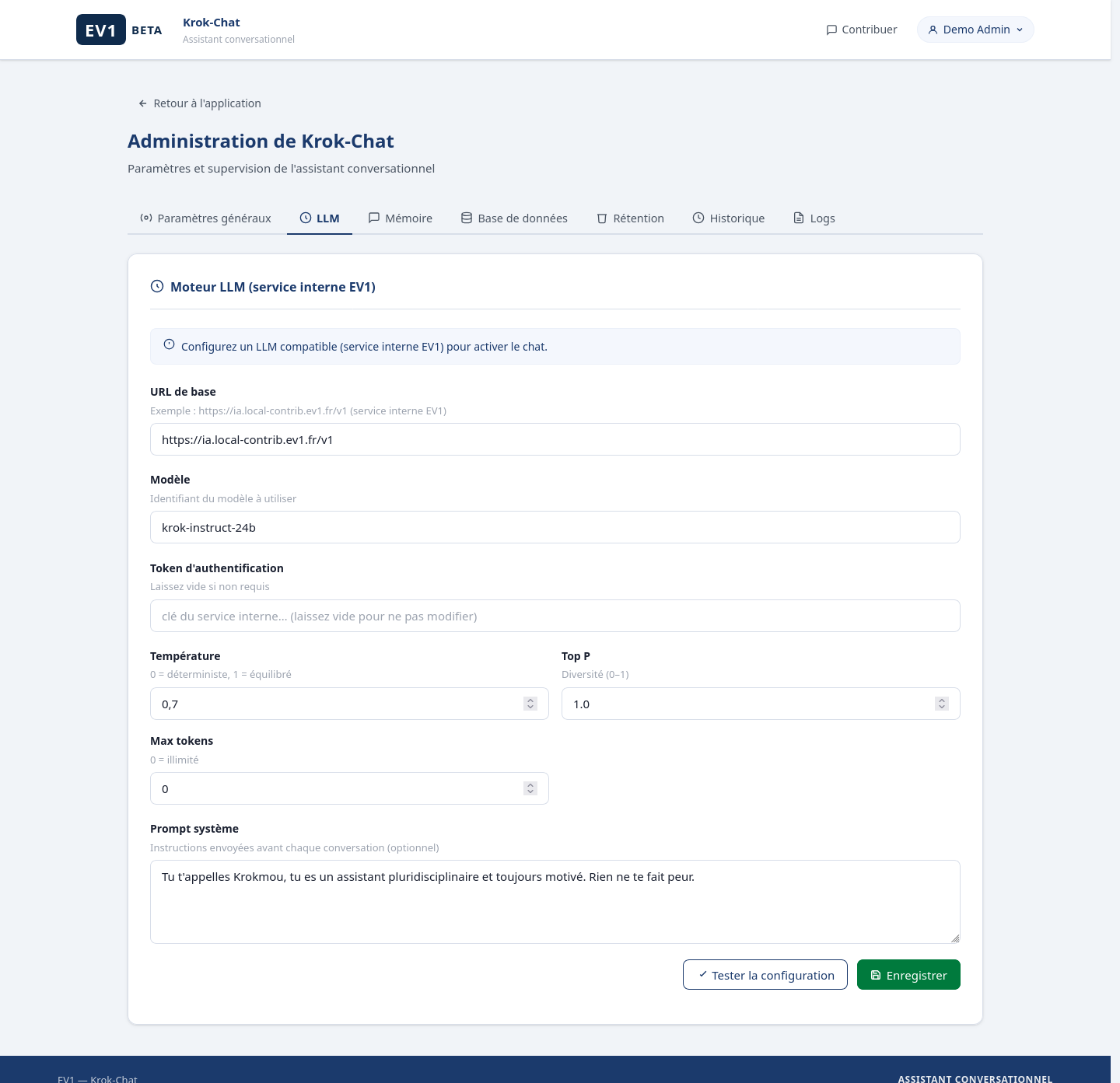 La configuration du modèle dans krok-chat