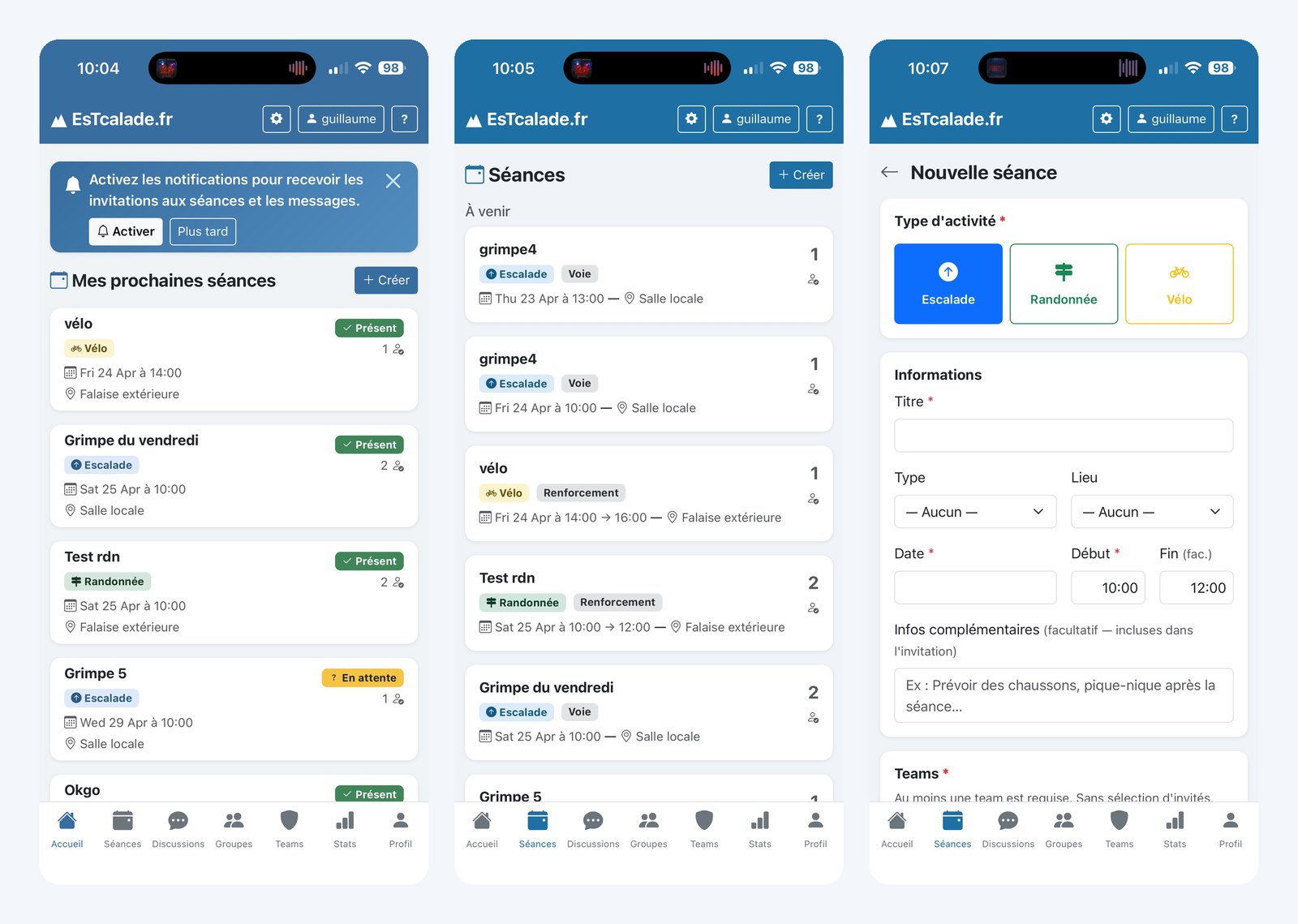 Écrans principaux de l'application EsTcalade.fr