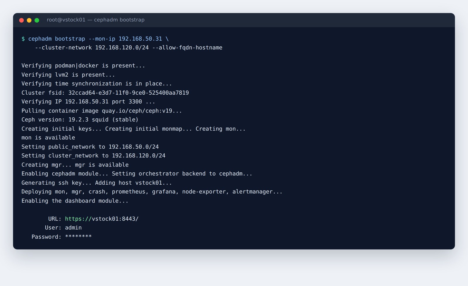 Sortie de la commande cephadm bootstrap