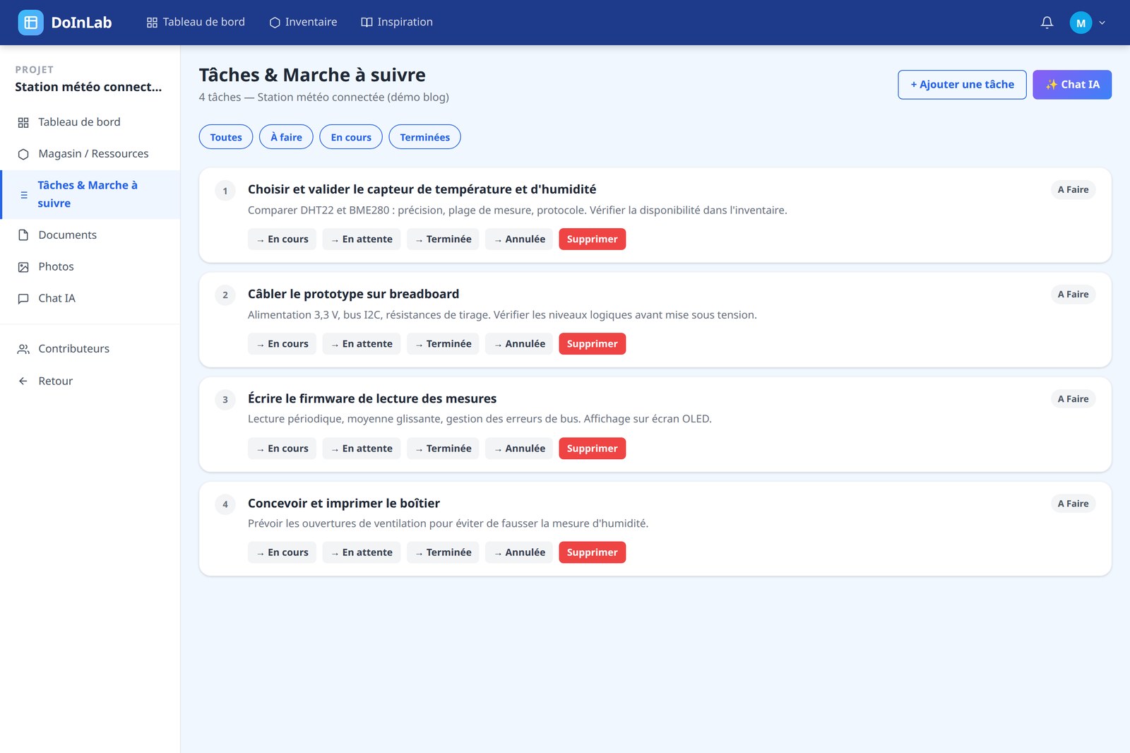 Tâches d'un projet DoInLab