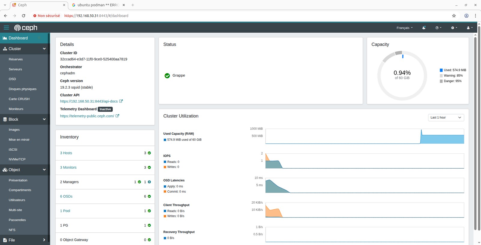 Tableau de bord Ceph après le bootstrap