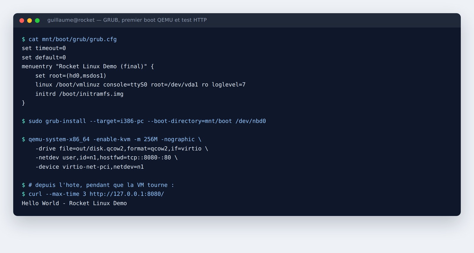 GRUB, installation sur le MBR et démarrage QEMU